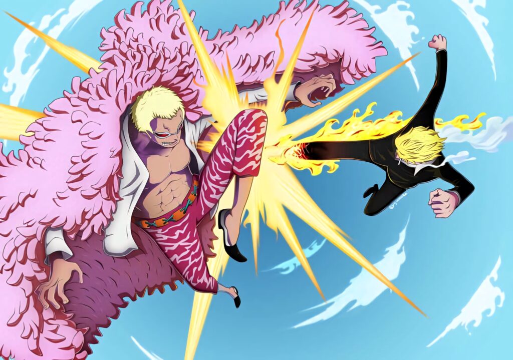 Sanji's fiery kick hits Doflamingo in vibrant dynamic One Piece showdown wallpaper background