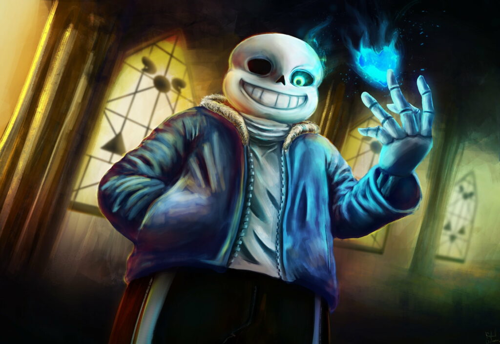 Sinister Sans Smirks: HD Undertale Wallpaper with a Twisted Blue Magic Aura
