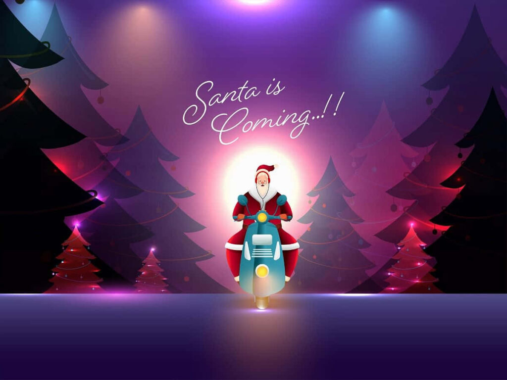 Santa on Scooter: Festive Wallpaper in Colorful Christmas Forest