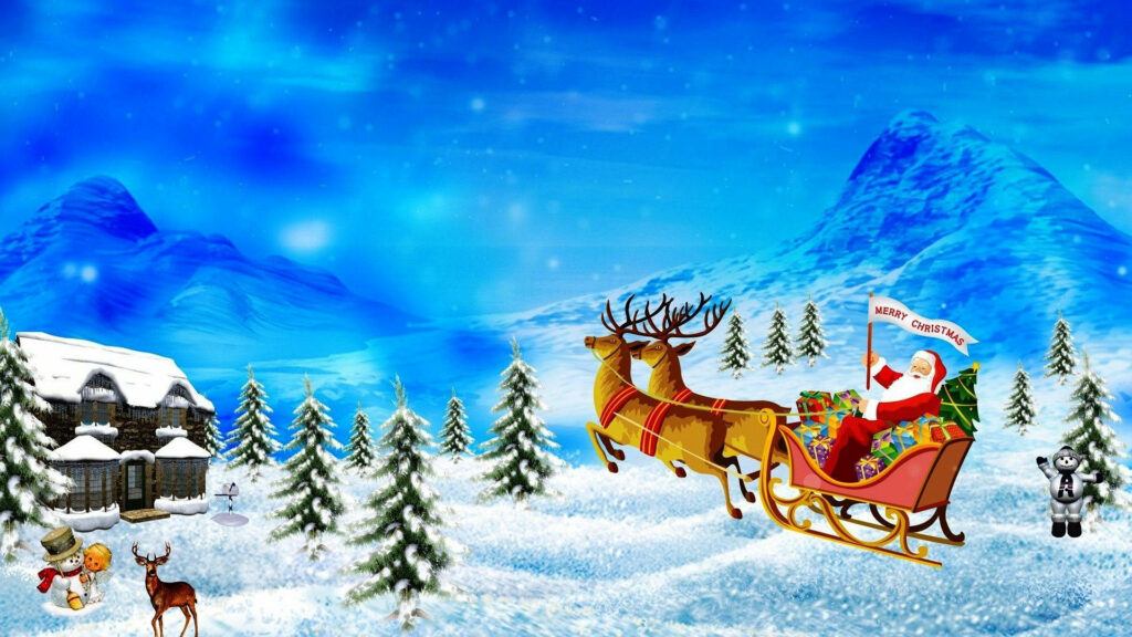 Santa Claus riding sleigh pulled by reindeer over snowy Australian landscape with pine trees and cabin Wallpaper