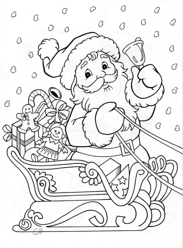 Festive Santa Claus Coloring Page with Gifts & Snowflakes Wallpaper