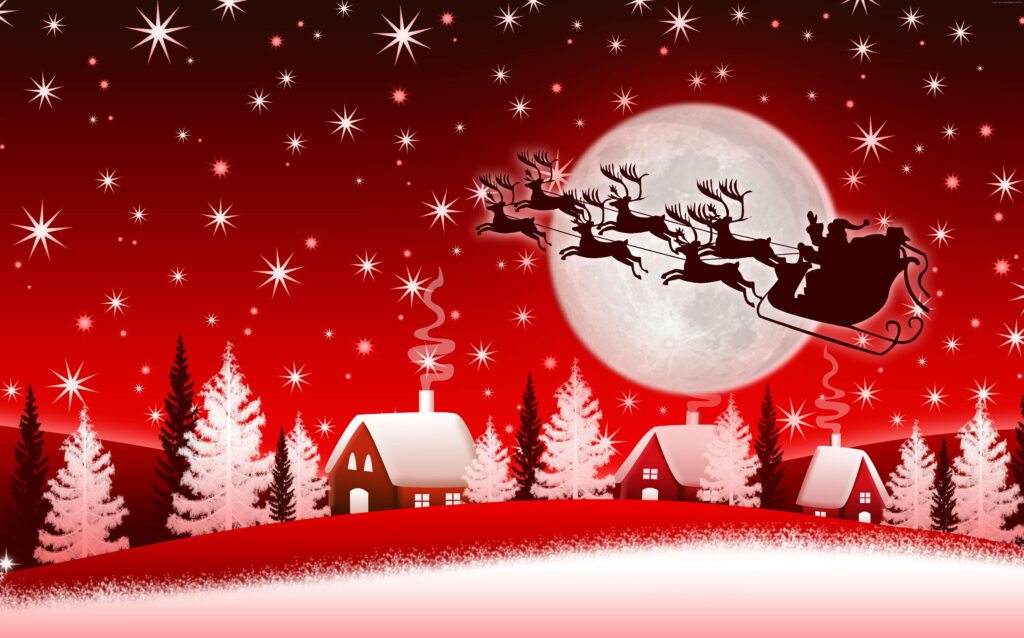 Mesmerizing 8k Holiday Backdrop: Enchanting Night in the Chilly Mountains with Santa's Silhouette on a Reindeer Sleigh Wallpaper