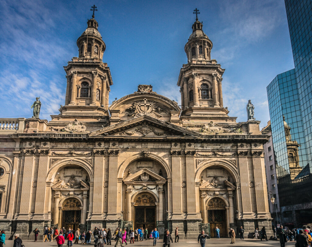 Santiago Metropolitan Cathedral neoclassical facade under clear blue sky wallpaper background