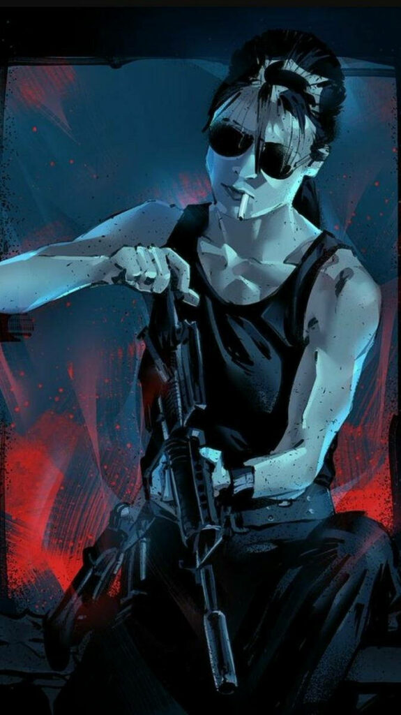 Sarah Connor Terminator digital art powerful pose sunglasses black tank top weapon dark background Wallpaper