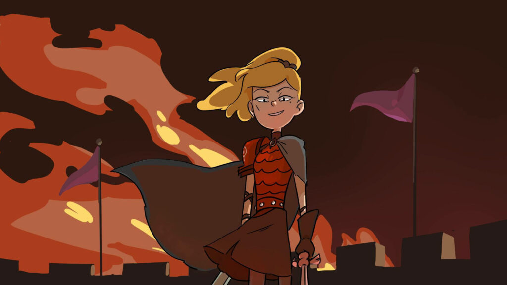 Sasha from Amphibia confident pose with burning flames and raised flags dynamic wallpaper background