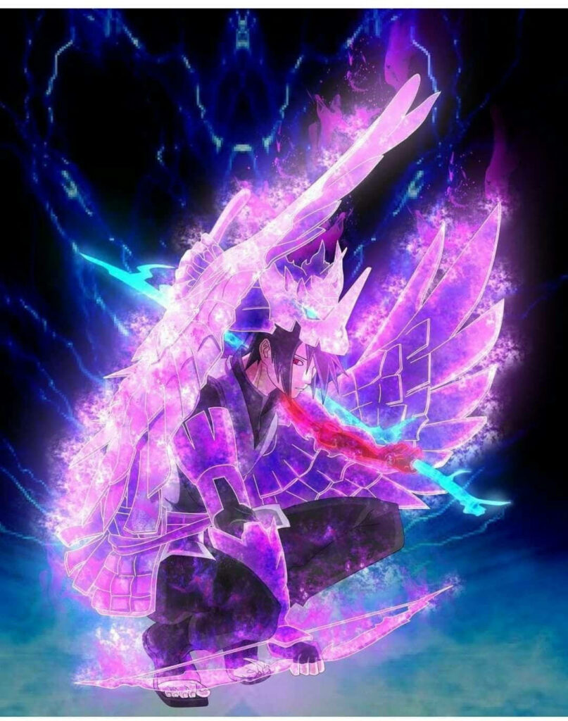 Sasuke Uchiha Unleashes his Majestic Susanoo: A Fierce Display of Purple Armored Power Wallpaper