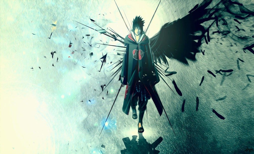 Sasuke Uchiha in Akatsuki cloak with dark lighting and feathers Naruto anime wallpaper