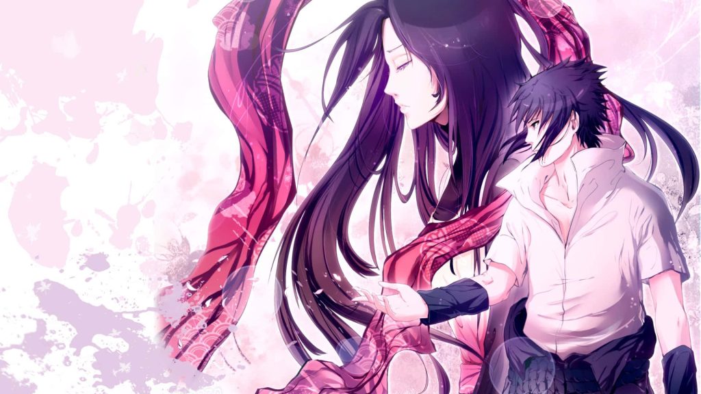 Sasuke Uchiha anime wallpaper with soft pink ribbons and a mysterious long-haired figure serene background