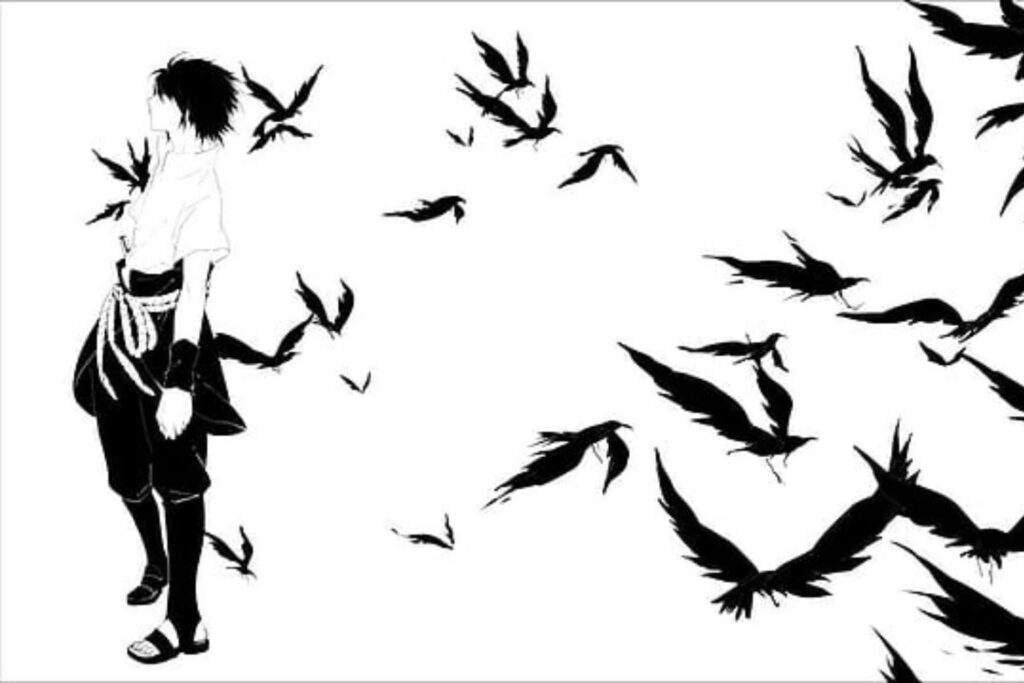 Sasuke Uchiha Black and White Wallpaper with Crows - Dramatic Background
