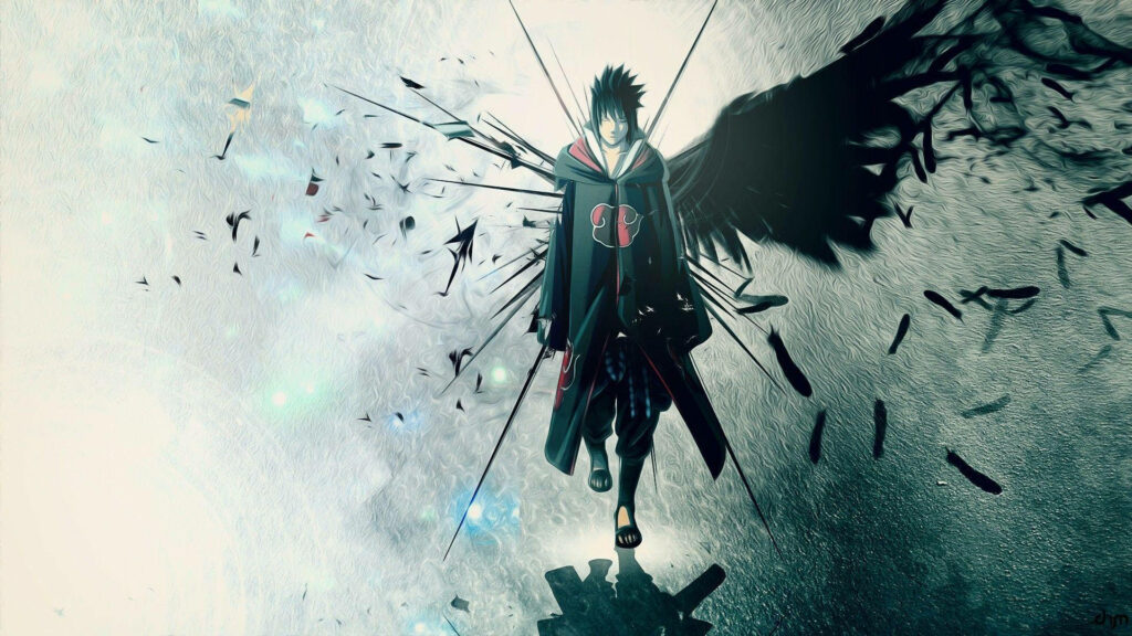 Sasuke Uchiha: Enshrouded in Darkness and Rain – Captivating 1920x1080 Full HD Art from Naruto Wallpaper