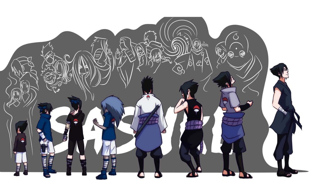 Anime wallpaper of Sasuke Uchiha evolution showing iconic ninja stages and white sketch background