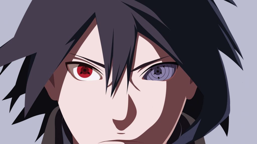 Close-up anime wallpaper of Sasuke Uchiha with Sharingan and Rinnegan intense gaze background