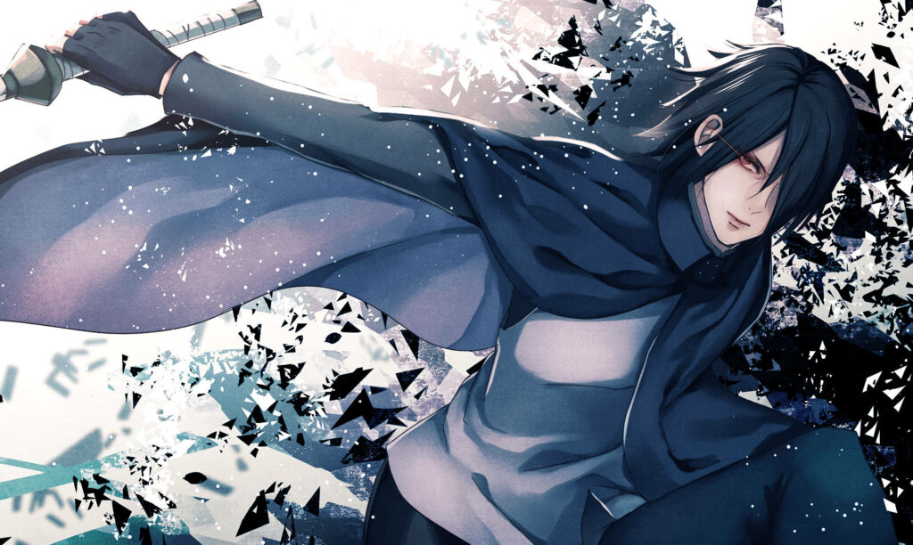 Sasuke Uchiha anime wallpaper with sword and dark cloak shattering glass shards background