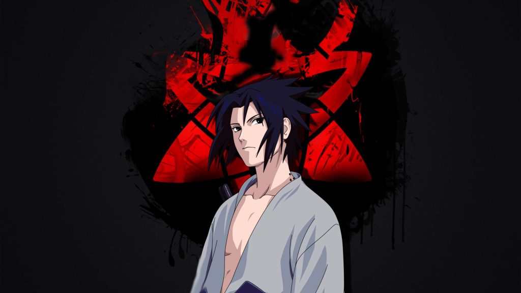 Sasuke Uchiha wallpaper with red Uchiha crest dark background anime digital art Naruto series