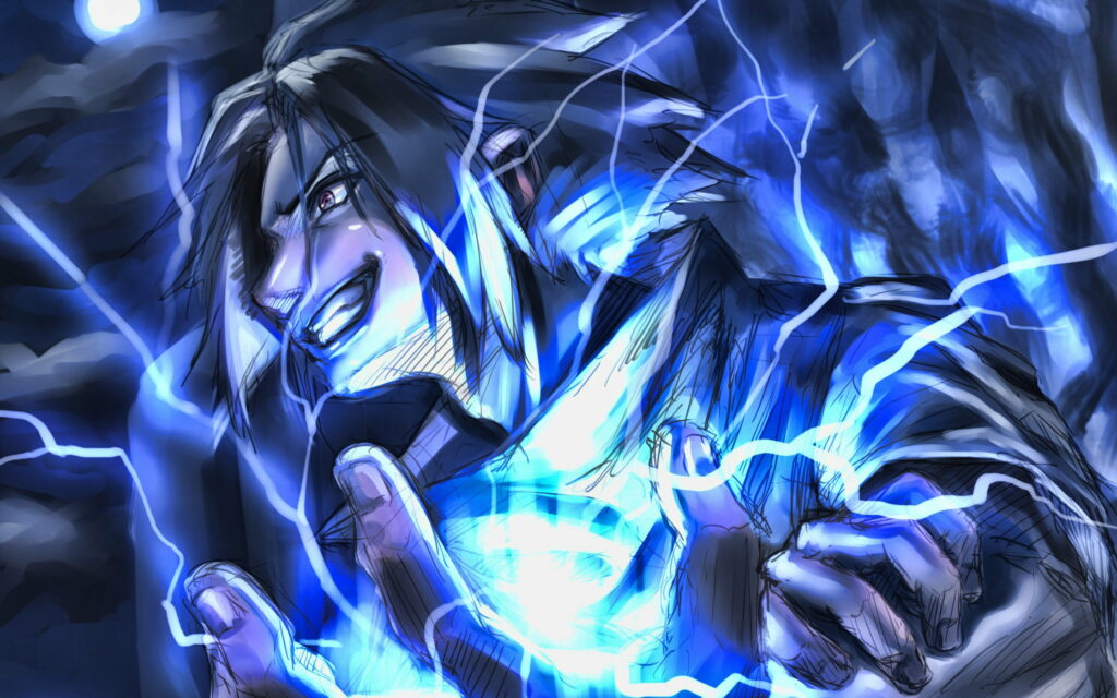 Sasuke's Electric Encounter: A Spectacular Manga Artwork with Naruto Characters and the Dazzling Sharingan Wallpaper