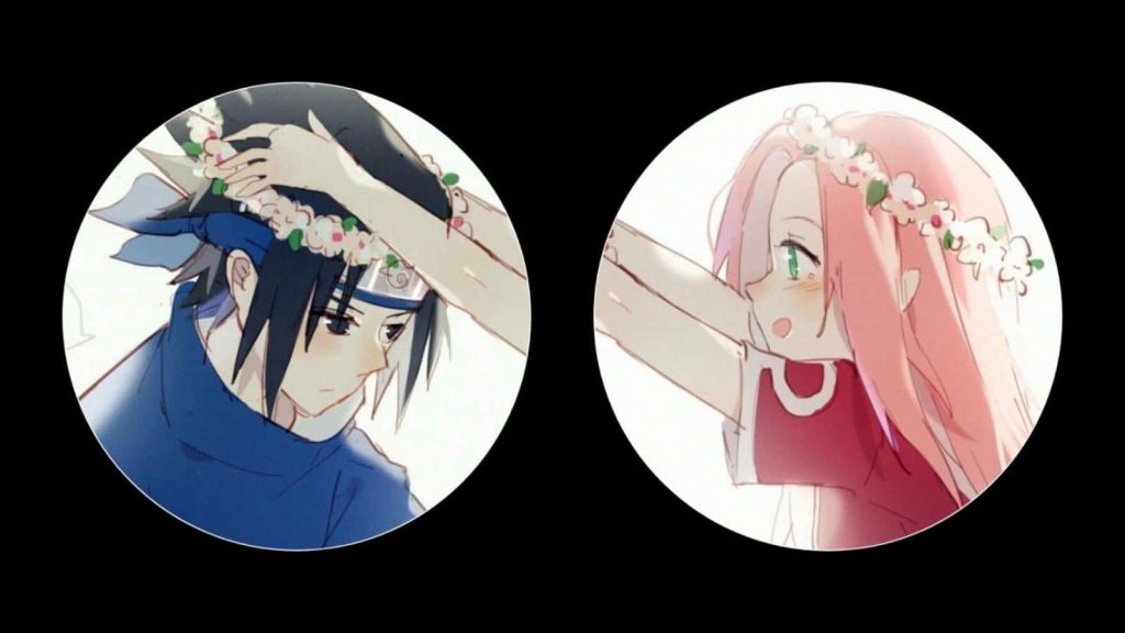 Sasuke Uchiha and Sakura Haruno anime matching wallpaper with flower crowns soft romantic art