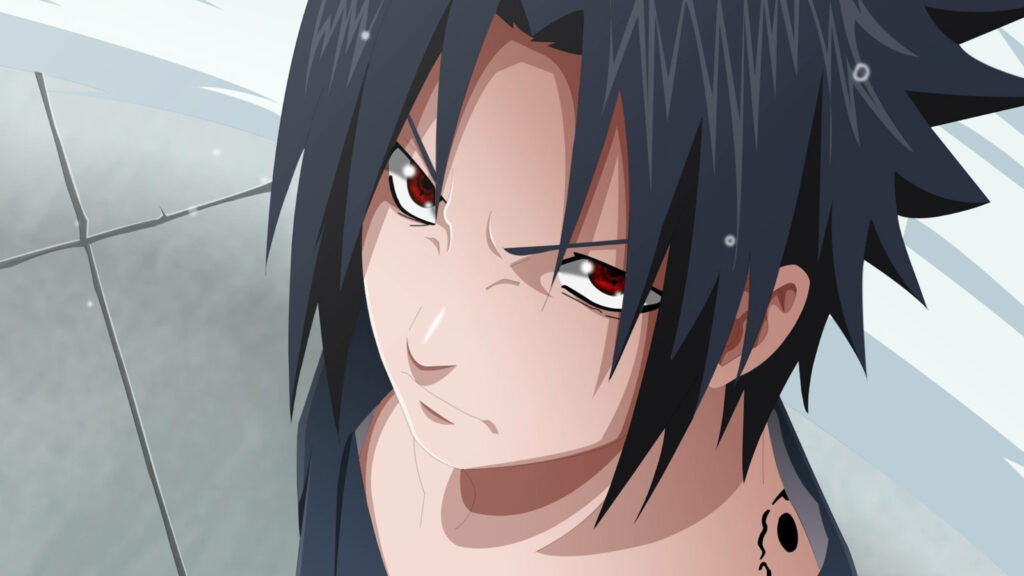 4k Wallpaper of Sasuke in an Overhead Shot with Intense Anger and Edgy Hair