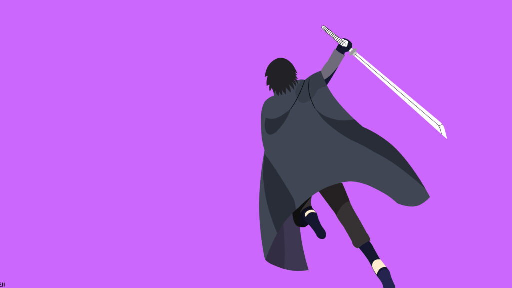 Shadowed in Purple: A 4K Illustration of Sasuke in His Black Shinobi Robe Wallpaper