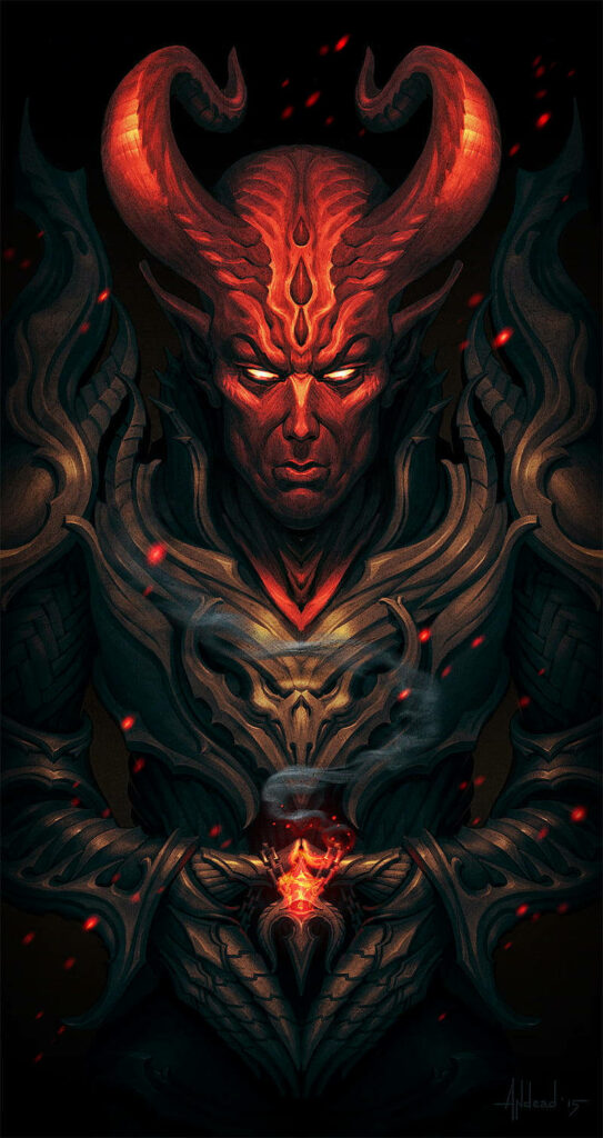 Demonic Guardian: Armored Devil on a Sinister Canvas Wallpaper
