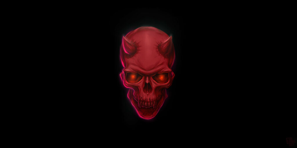 Infernal Majesty: A Fiery 4K Skull Wallpaper Exuding Diabolical Power on a Dark Abyss