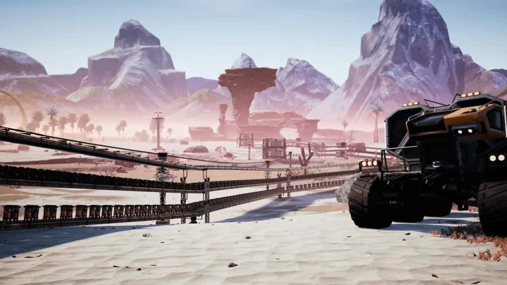 Heavy-duty exploration vehicle on alien desert with mountains and factory conveyor belts background Wallpaper