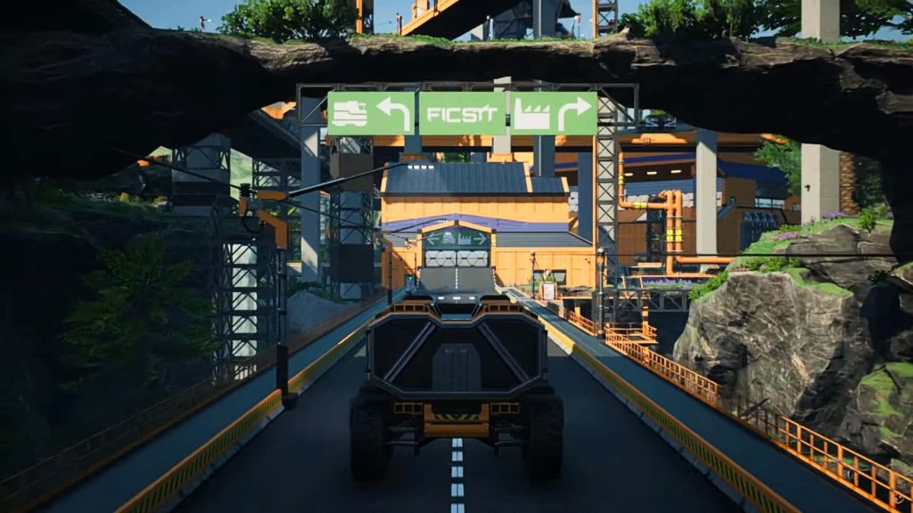 Explorer vehicle drives under rock archway in Satisfactory factory industrial landscape wallpaper