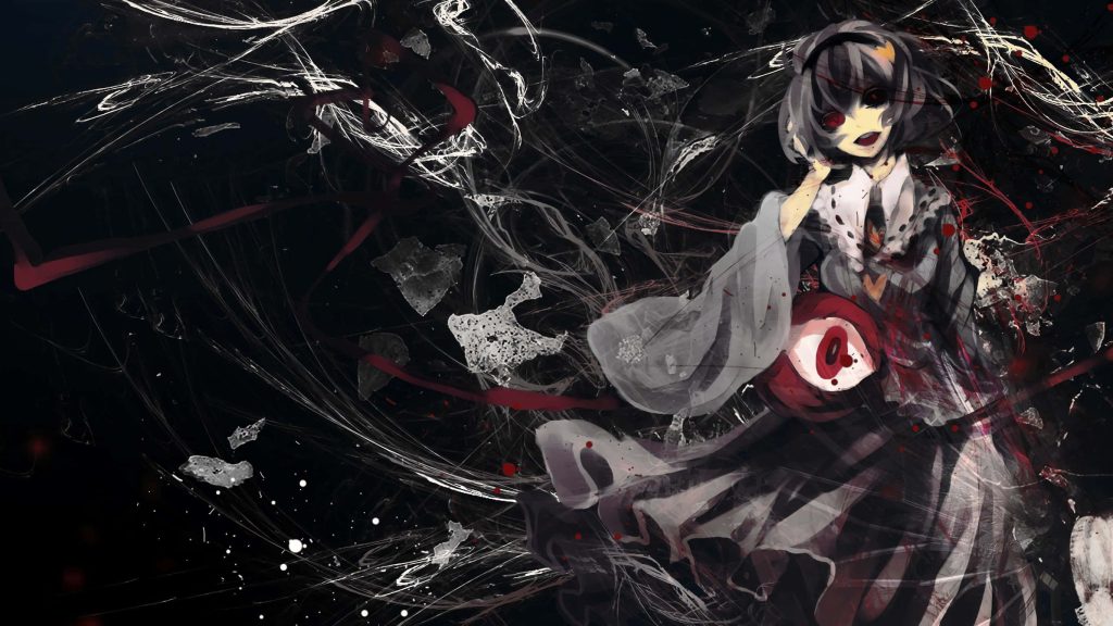 Dark anime wallpaper of Satori Komeiji from Touhou with gothic web background and red accents