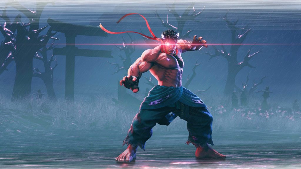 Kage from Street Fighter V unleashing Satsui no Hado power with glowing red eyes and torii gate Wallpaper
