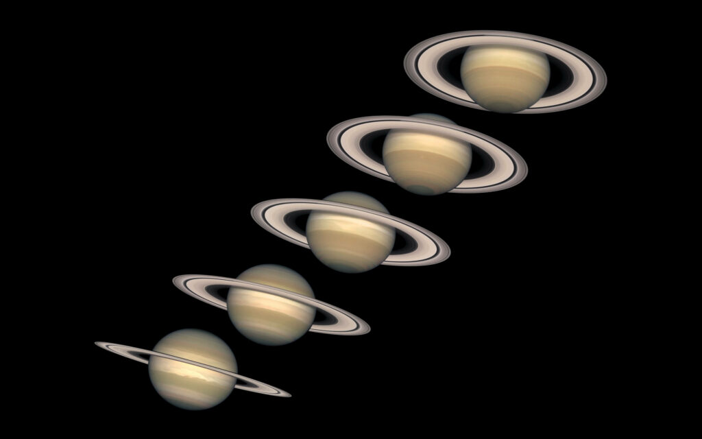 Stunning 4k Wallpaper: Enchanting Five Saturns Against a Sleek Black Background