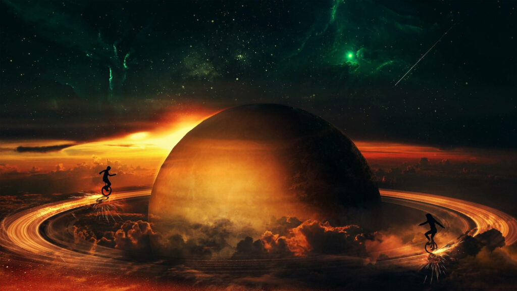 Unicycling Through the 2k Saturn Rings: A Surreal Fantasy Art Wallpaper