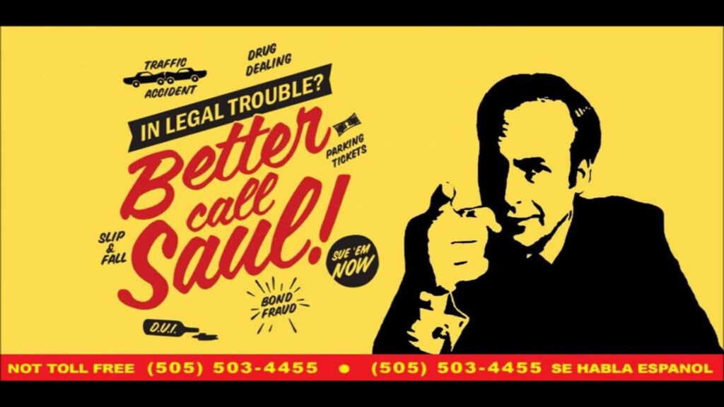 Saul Goodman vibrant wallpaper with Bob Odenkirk finger pointing iconic legal services calling card background