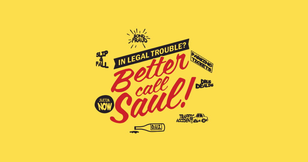 Vibrant yellow wallpaper with red and black Saul Goodman Better Call Saul typography and legal graphics