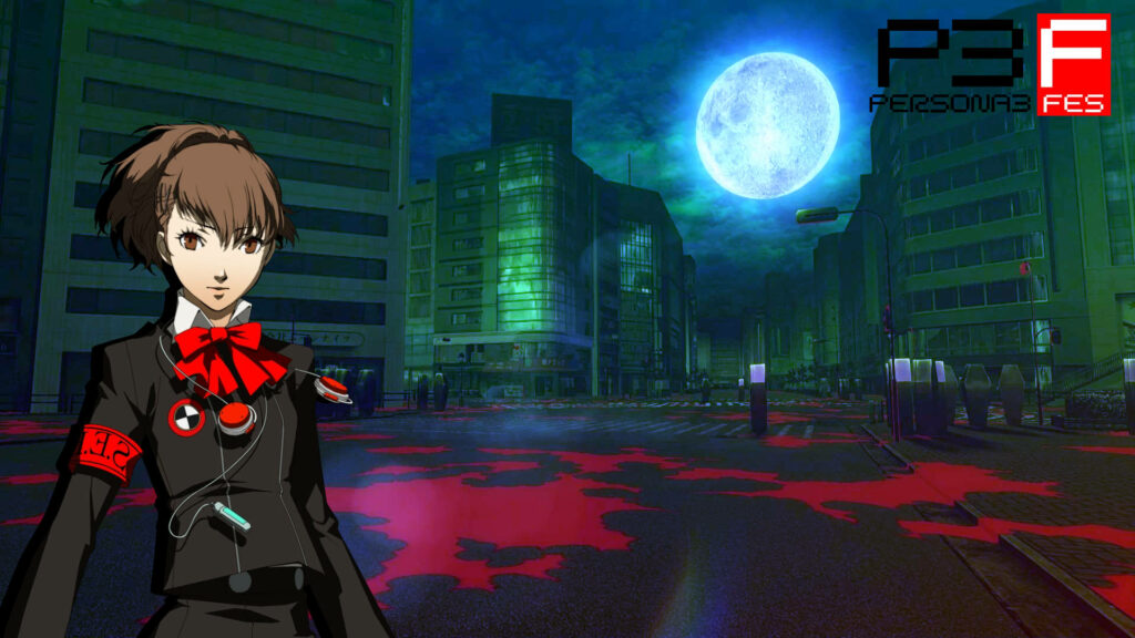 Persona 3 FES Wallpaper: Stylized character in deserted cityscape under full moon
