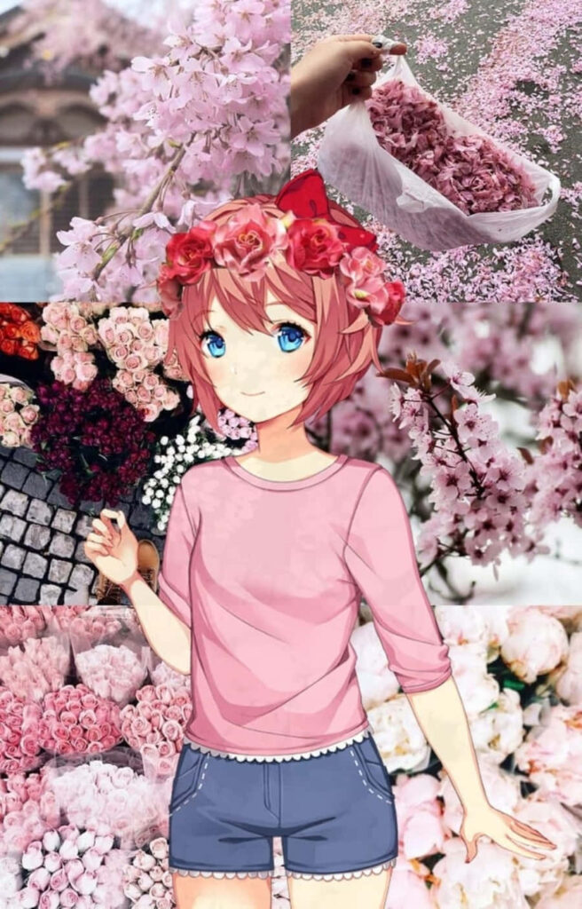 Charming Sayori Wallpaper: Floral Pastels from Doki Doki Literature Club!