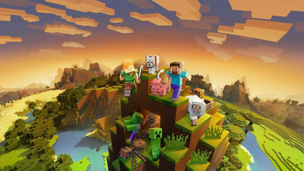 Minecraft HD wallpaper Steve and Alex on mountain summit at sunset with creeper pig and sheep