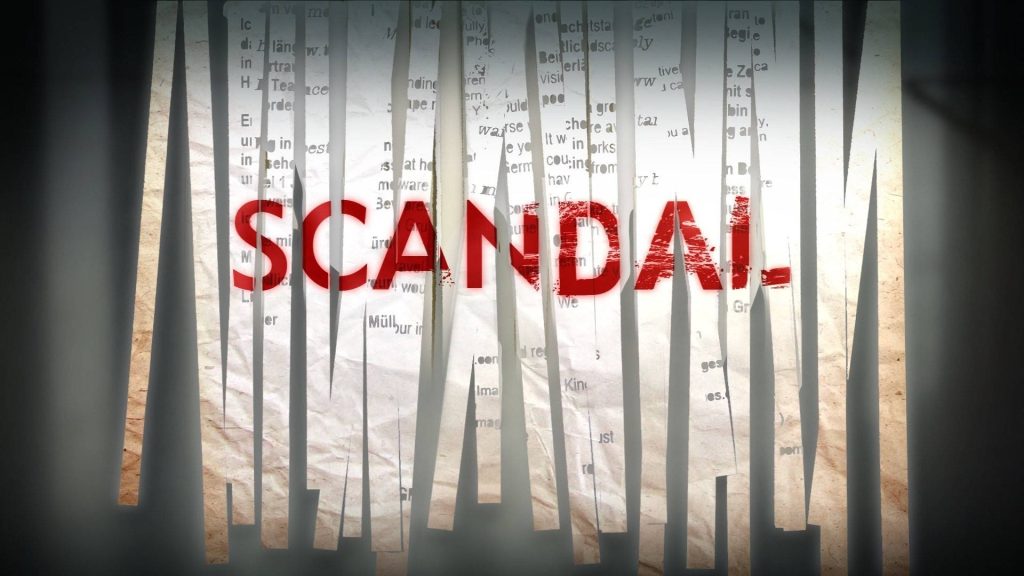 Bold distressed red SCANDAL text over shredded paper strips dark tabloid style wallpaper background