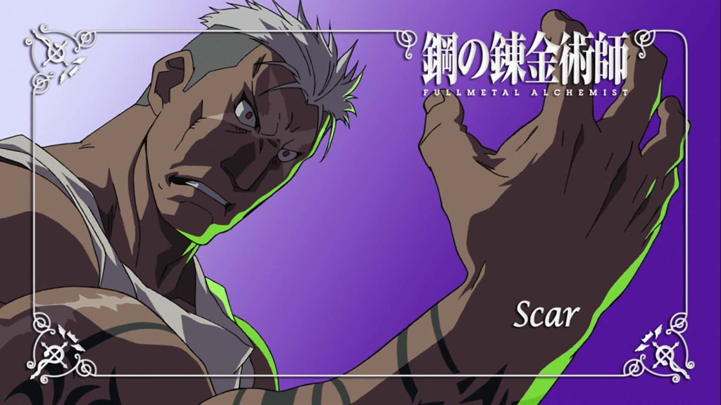 Fullmetal Alchemist Scar dynamic pose purple background green lighting anime wallpaper