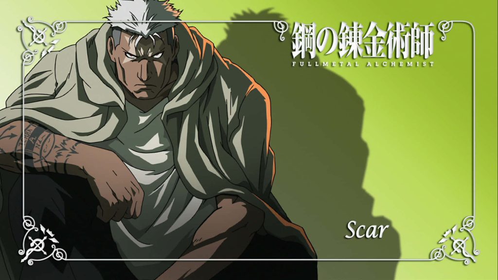 Scar from Fullmetal Alchemist anime wallpaper with white hair hooded robe and tattoos vibrant green background