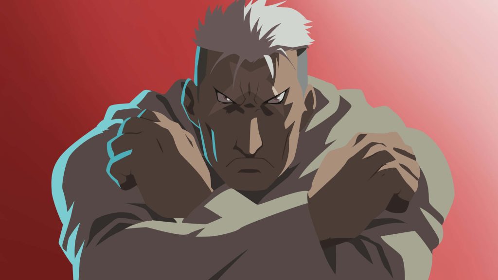 Scar Fullmetal Alchemist Brotherhood intense gaze red vector wallpaper background dark mood