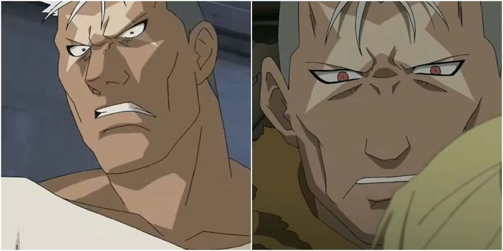 Close-up anime wallpaper of Scar Fullmetal Alchemist white hair red eyes intense expression
