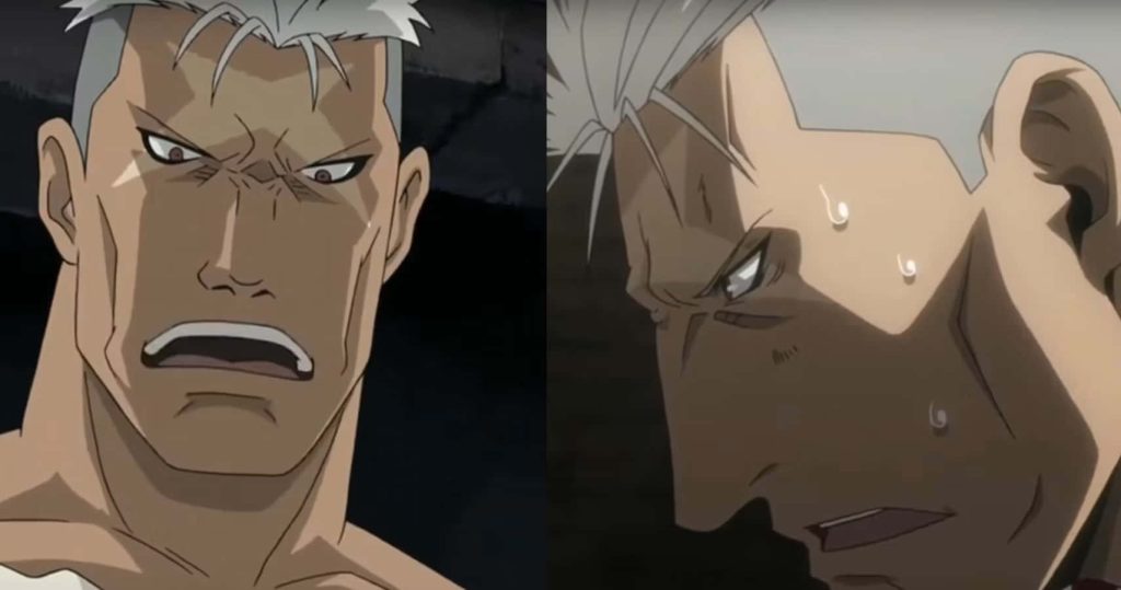 Scar from Fullmetal Alchemist intense gaze split-screen anime wallpaper dark moody background