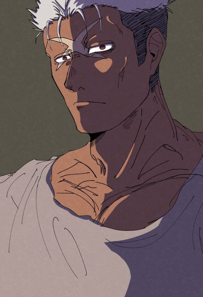 Fullmetal Alchemist Scar close-up portrait with white hair dark skin intense lighting wallpaper