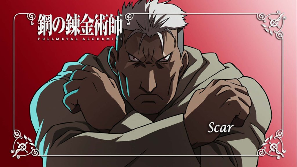 Fullmetal Alchemist Scar intense pose red background blue rim lighting digital wallpaper