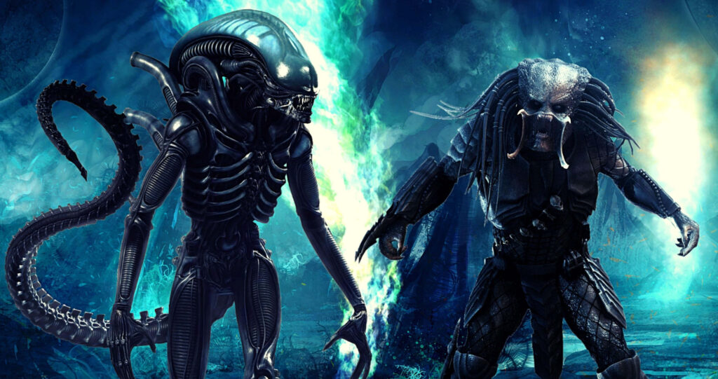 Scar and Grid from Alien vs Predator face off with glowing blue and green intense background Wallpaper