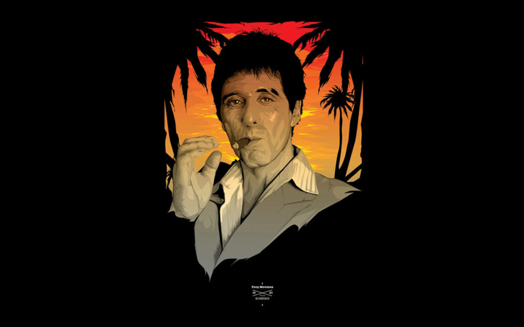 Bold digital artwork of Scarface Tony with cigar at vivid beach sunset and palm trees background Wallpaper