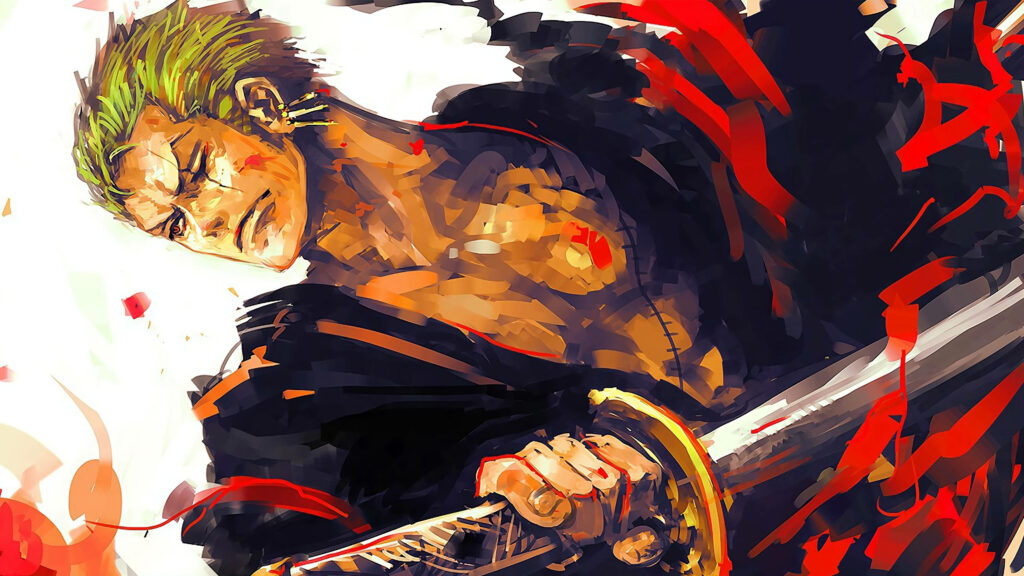 Fiery Guardian: Zoro's Crimson Aura in 4k One Piece Fan Art Wallpaper
