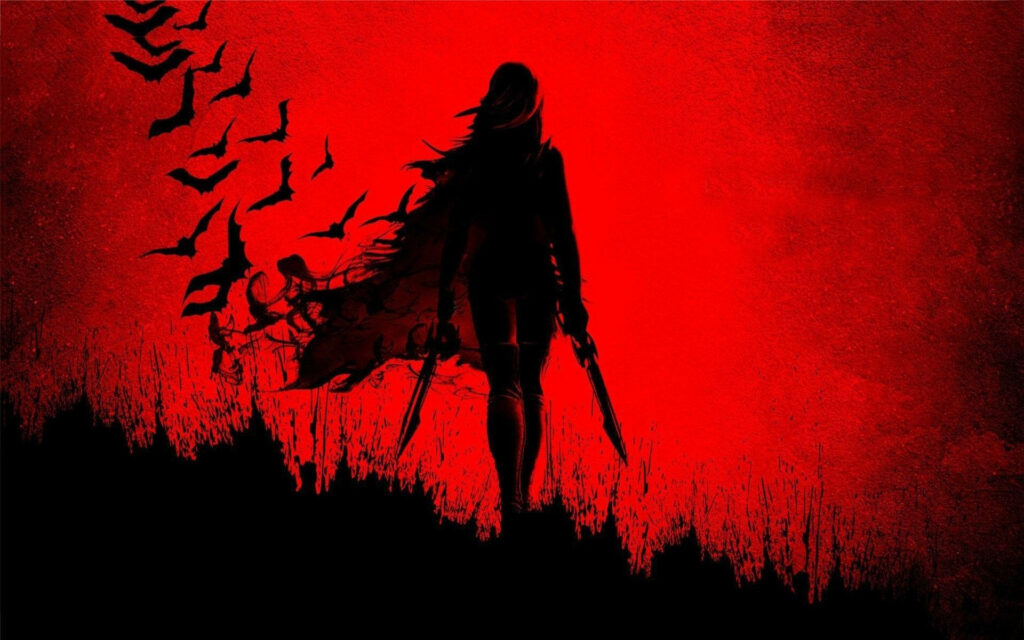 Silhouette of female anime warrior with dual blades and cloak turning into birds on red background Wallpaper