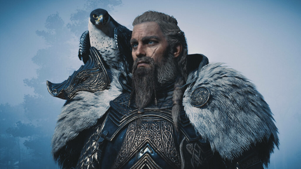 Scarred Viking Warrior with Falcon Companion - Stunning Assassins Creed Valhalla Gaming Visual Wallpaper