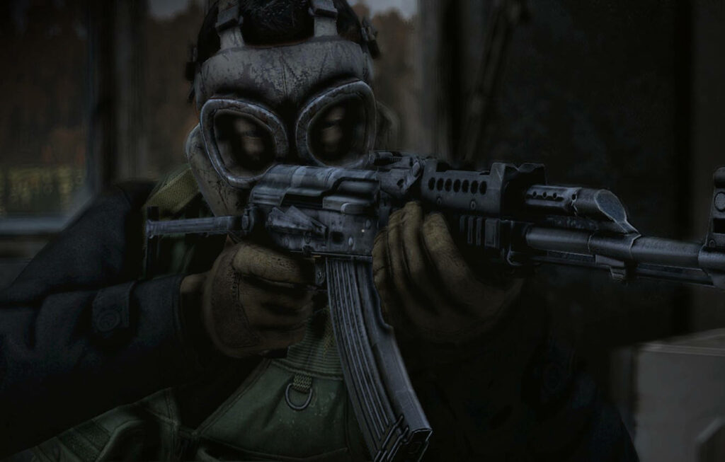 The Merciless Vigilante: The Masked Enforcer of 'DayZ' Taking Aim Wallpaper