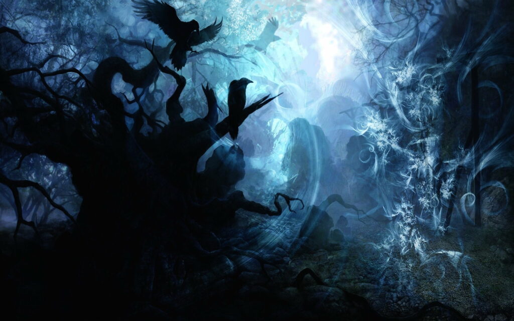 Shadowed Whispers: A haunting nocturnal tale in the enchanted forest Wallpaper